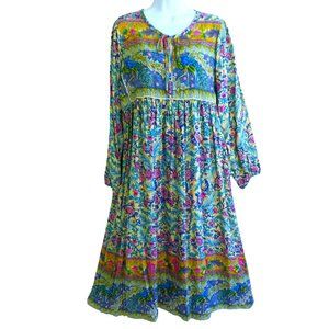 NEW Boho This & That Peacock Floral Print Dress Multicolor Peasant Bib Piping S